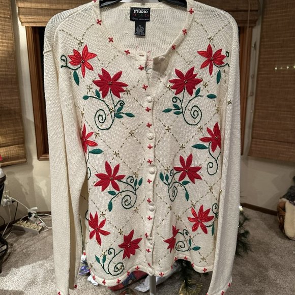 Ivory with Red Poinsettia XL Sweater - Picture 1 of 4